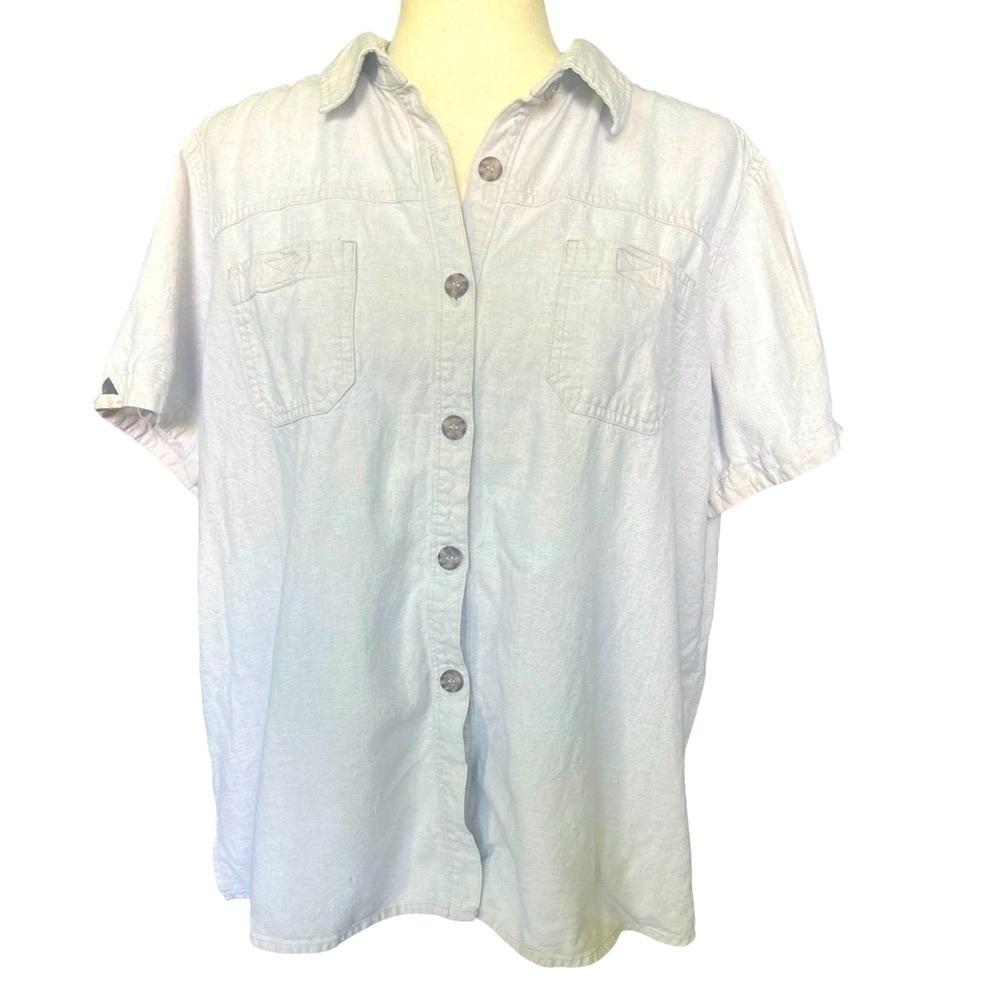 Sag Harbor Sport Linen Blend Beige Short Sleeved Button Down Top. Sz. 1X Beachy